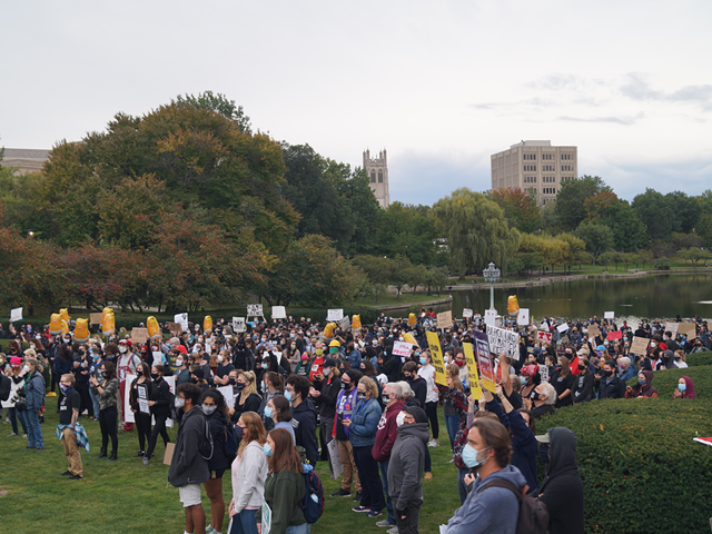 Roughly 500 people gathered on the Wade Lagoon before the Cleveland Presidential Debate (9/29/20)