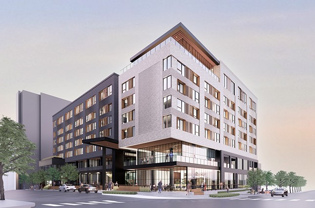 A rendering of the exterior view of Hotel Celare at the corner of Straight Street