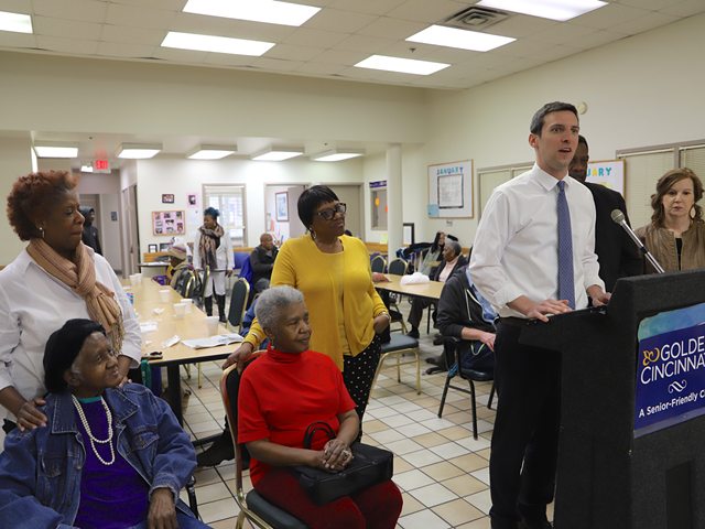 At the OTR Senior Center, P.G. Sittenfeld announces a proposal that would add funding for seniors to the city's human services funding process