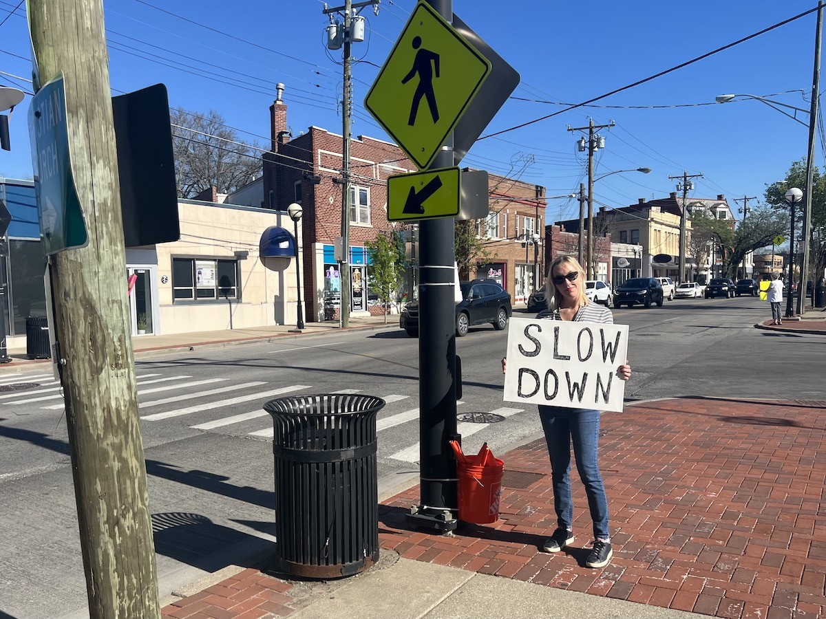 Samantha Steenz asks drivers to slow down on Hamilton Avenue on April 12. She doesn't feel safe crossing the street as a low-vision pedestrian.