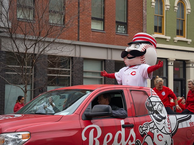 Mr. Redlegs appears during the Cincinnati Reds' Opening Day parade at Findlay Market on April 12, 2022.