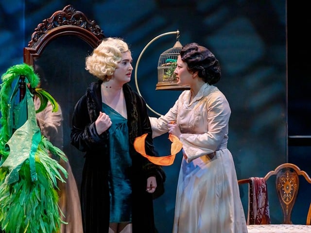 Mia Hutchinson-Shaw as Lucy (left) and Mi Kang as Mina in Cincinnati Playhouse in the Park's production of Dracula.