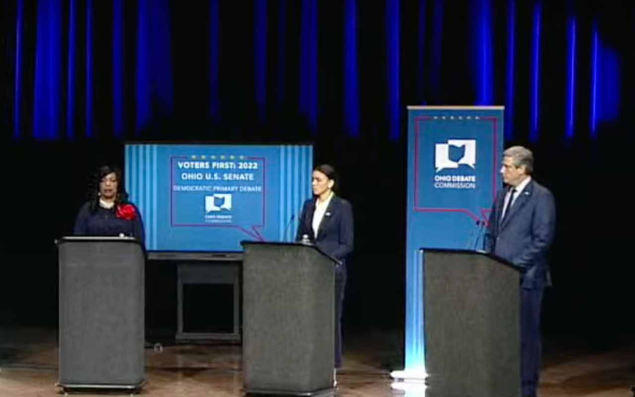 Traci Johnson, Morgan Harper and Tim Ryan participate in the Democratic debate for Ohio's Senate seat on March 28, 2022.