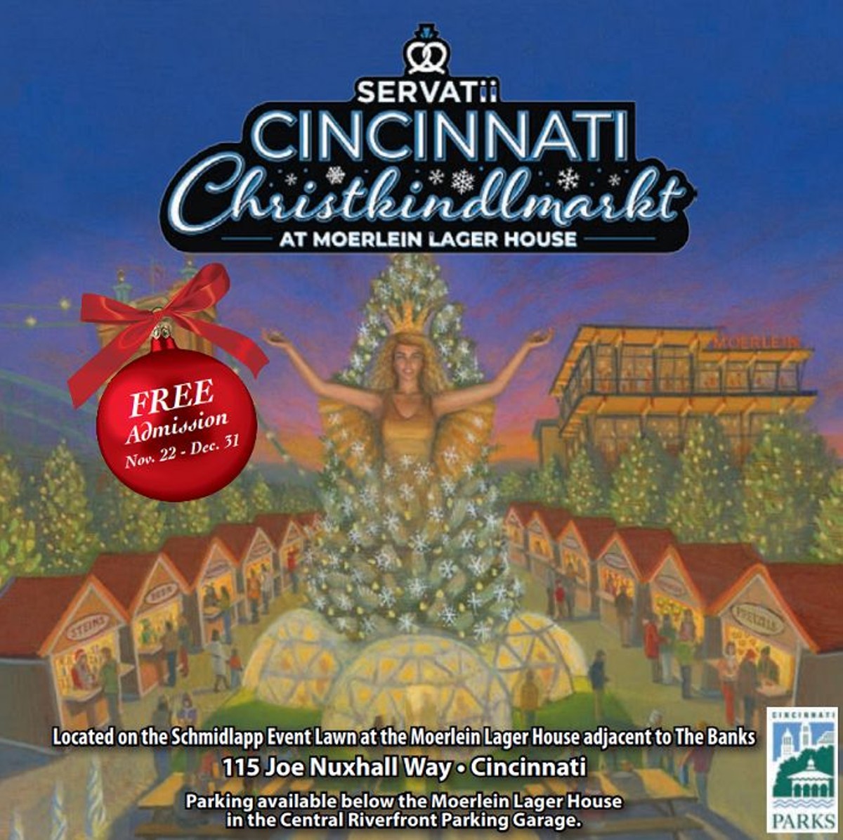 Servatii Cincinnati Christkindlmarkt in Smale Riverfront Park at Moerlein Lager House 11/22 - 12/31
