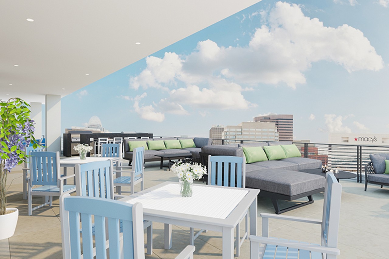 A rendering of the community rooftop bar and barbecue area
