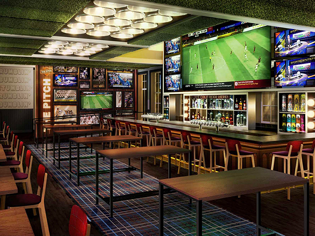 The Pitch Cincy. Please note the turf ceiling and wall of TVs.