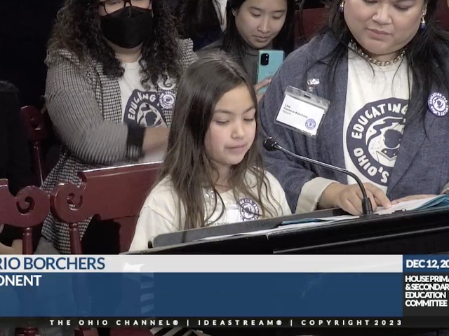 Eight-year-old Rosie Factora Borchers testifies before the Ohio House Primary and Secondary Education Committee in favor of a bill to change the social studies curriculum statewide.