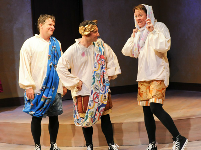 (Left to Right) Nicholas Rose, Jeremy Dubin and Justin McCombs in Cincinnati Shakespeare Company’s “The Complete Works of William Shakespeare (Abridged)”