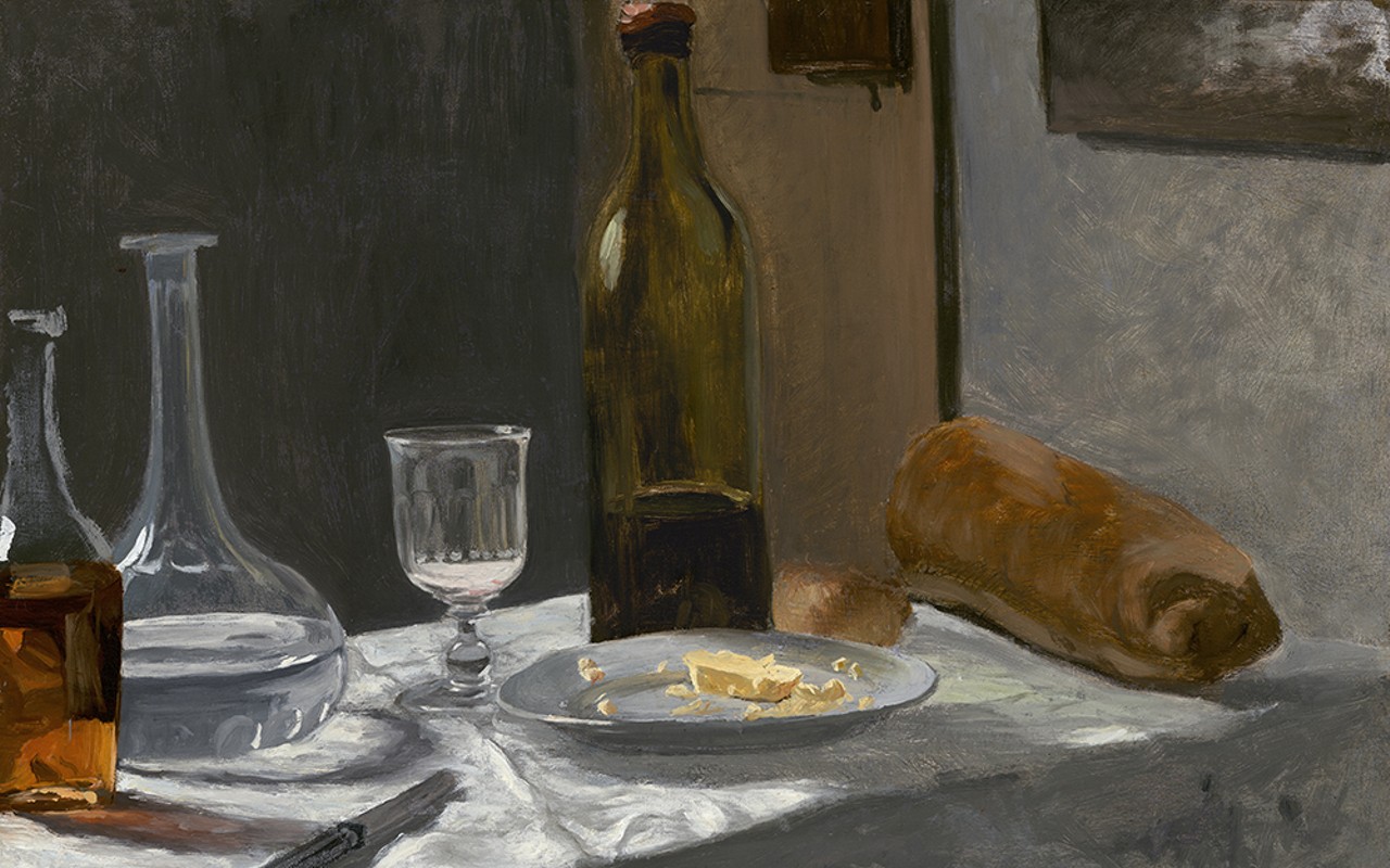 Claude Monet (1840–1926), France, Still Life with Bottle, Carafe, Bread, and Wine, circa 1863–63, oil on canvas