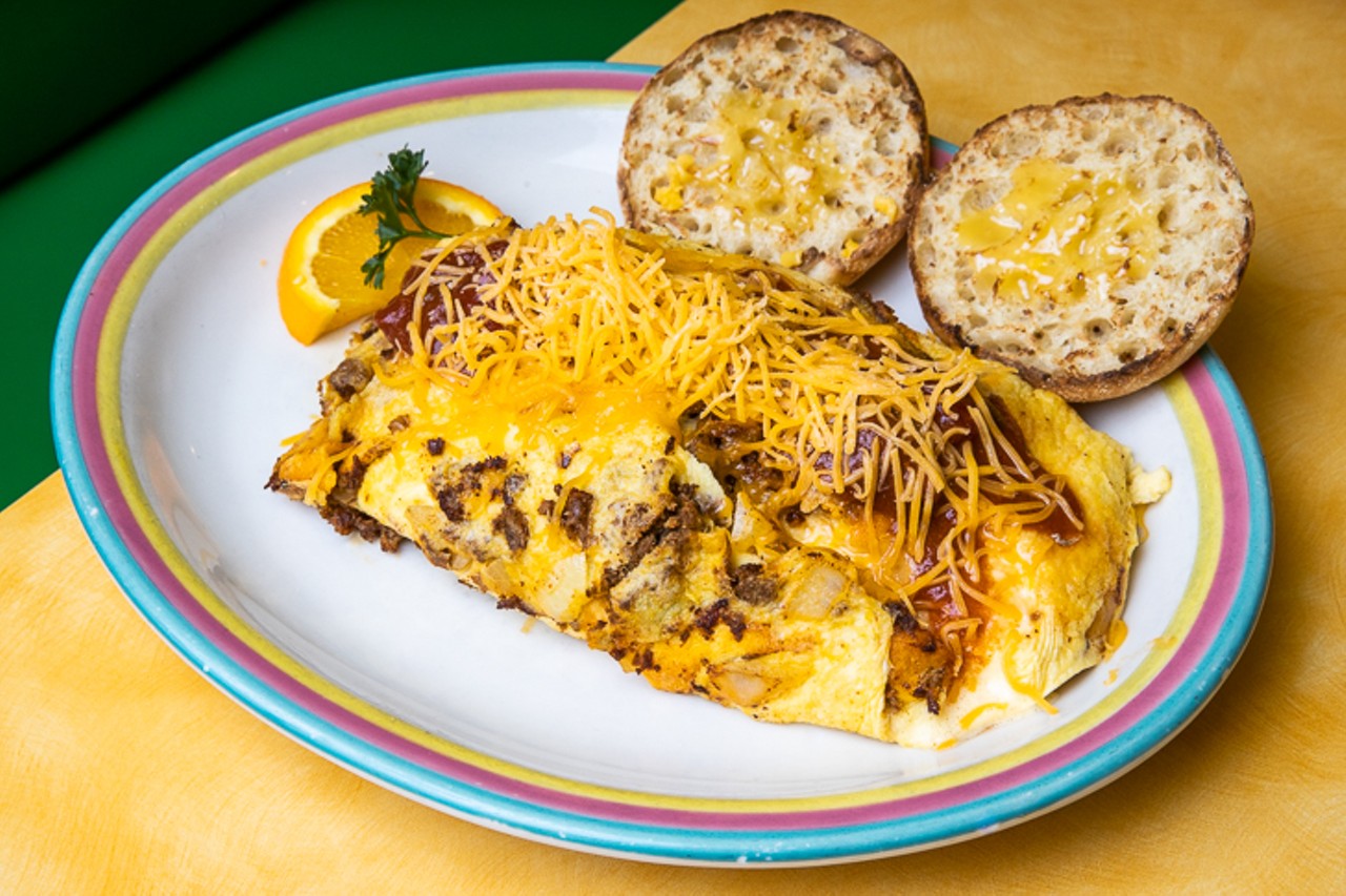 Mexican omelet ($12.50) with chorizo, onions, cheddar cheese, sour cream and homemade Spanish sauce