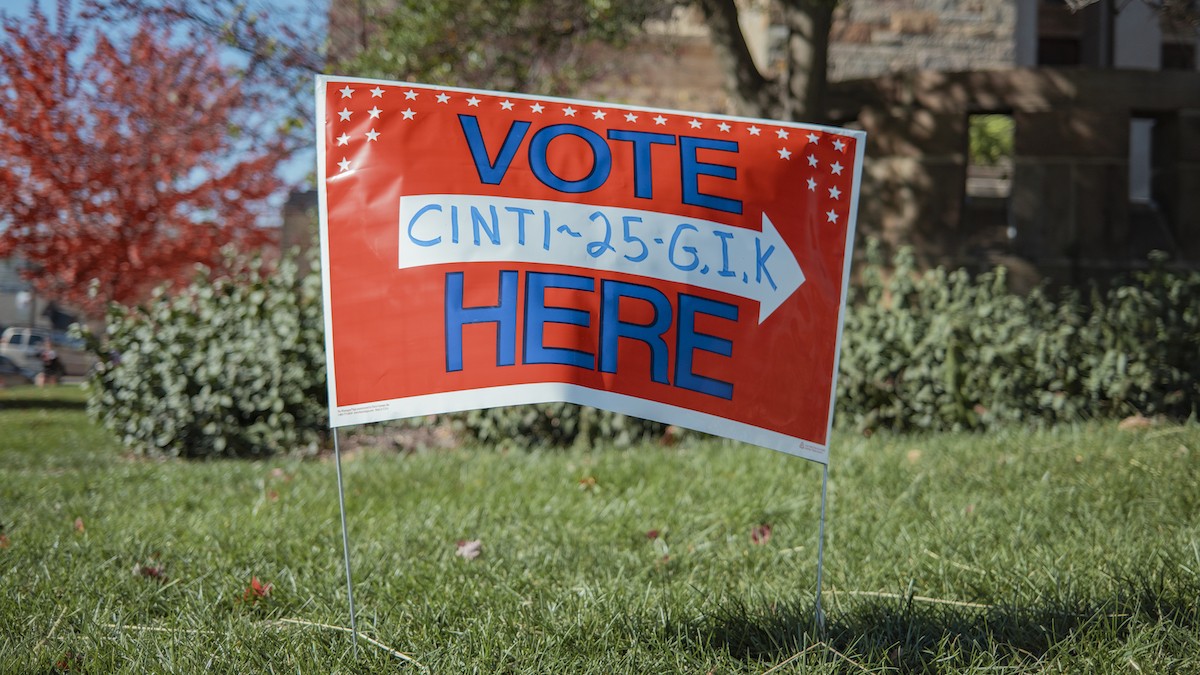 A "VOTE HERE" sign sits outside a Hamilton County polling location during the November 2023 election.