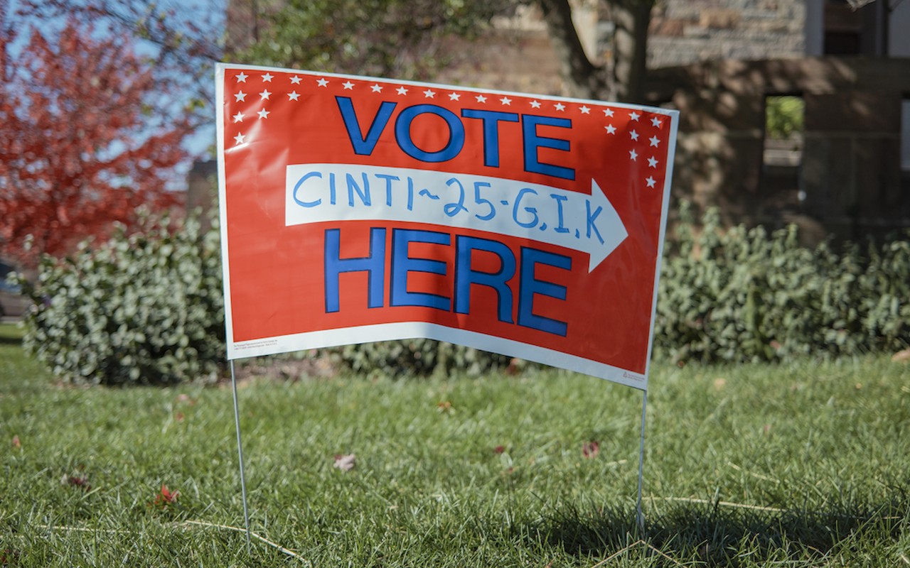 A "VOTE HERE" sign sits outside a Hamilton County polling location during the November 2023 election.