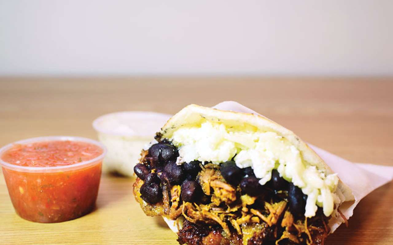 A rich and cheesey beef arepa from The Arepa Place Latin Grill