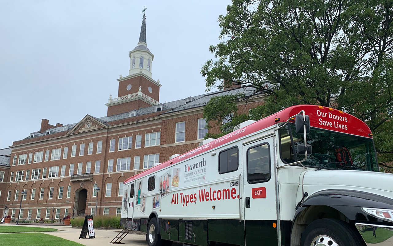 They Hoxworth Blood Mobile parked in front of McMicken Hall on the University of Cincinnati campus