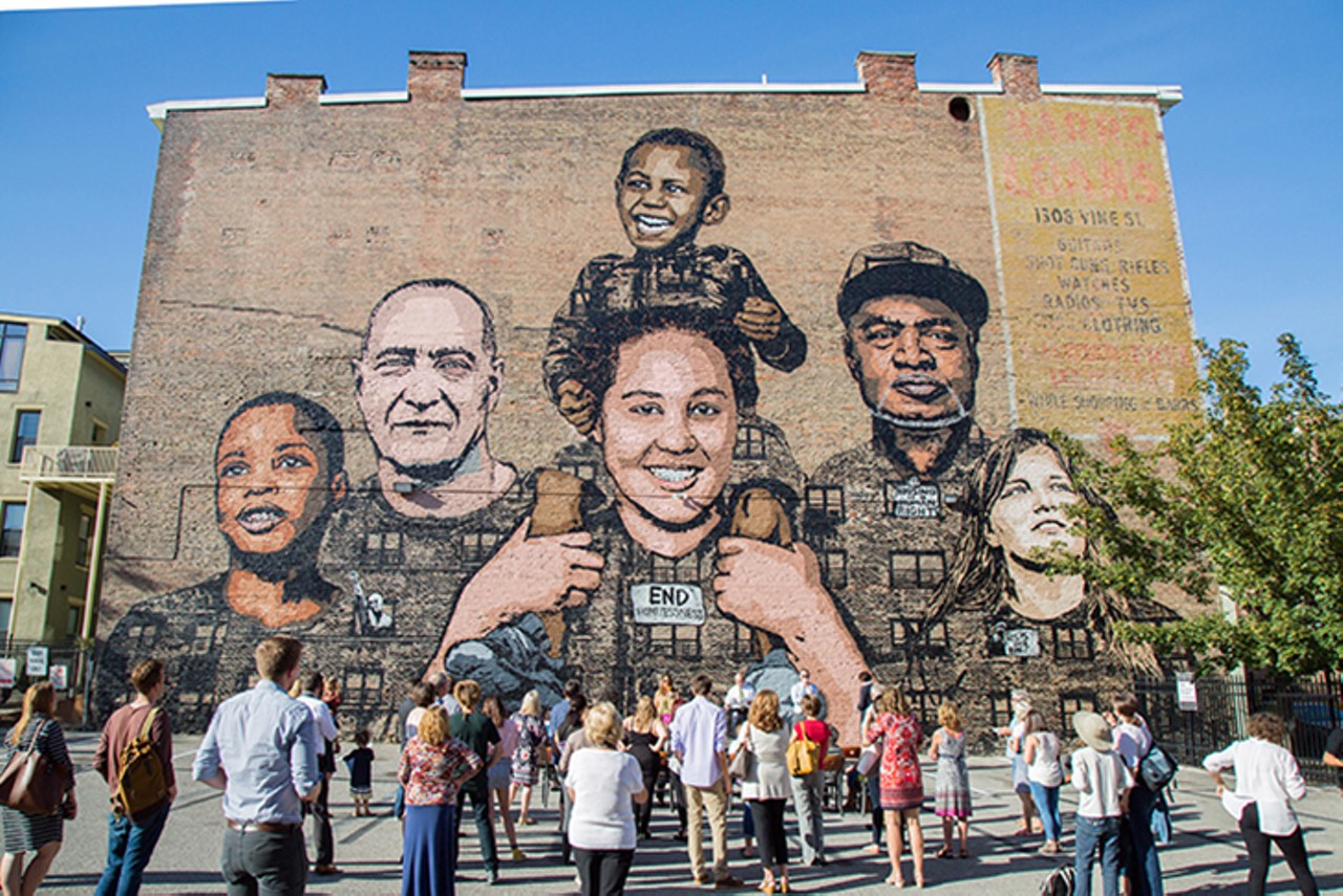 Now: "Faces of Homelessness"
1225 Vine St., Over-the-Rhine
Mural: We Are Cincinnati | Designer: ICY + SOT
Photo: Paige Deglow