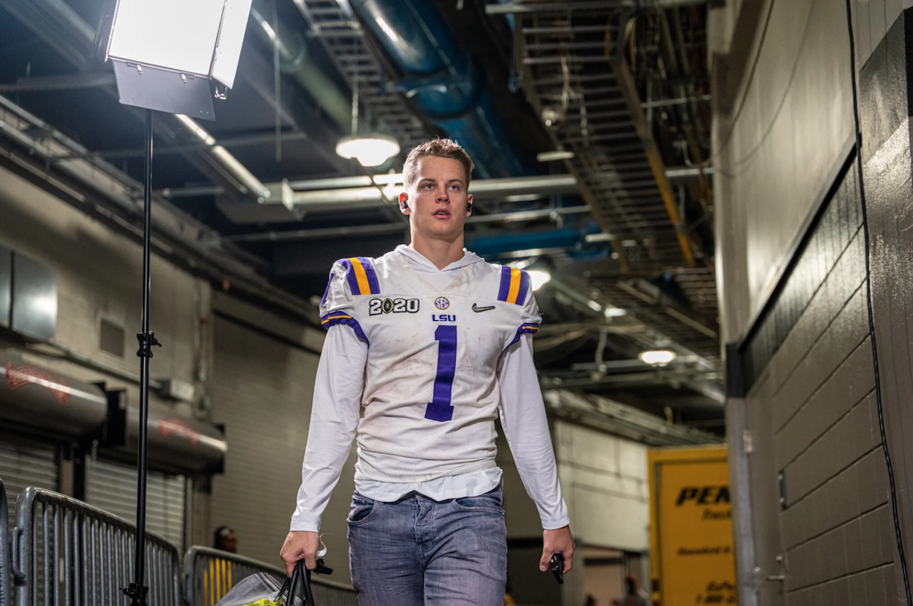 Cincinnati Bengals quarterback Joe Burrow wears Ja'Marr Chase's Louisiana State University jersey before the game against the New Orleans Saints on Oct. 16, 2022.