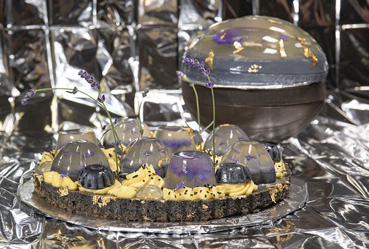 Black sesame cheesecake with Ritz crust, passion fruit curd and lavender-lemon and charcoal jellies
Bachelor button and lavender from the garden, a little gold leaf for sass