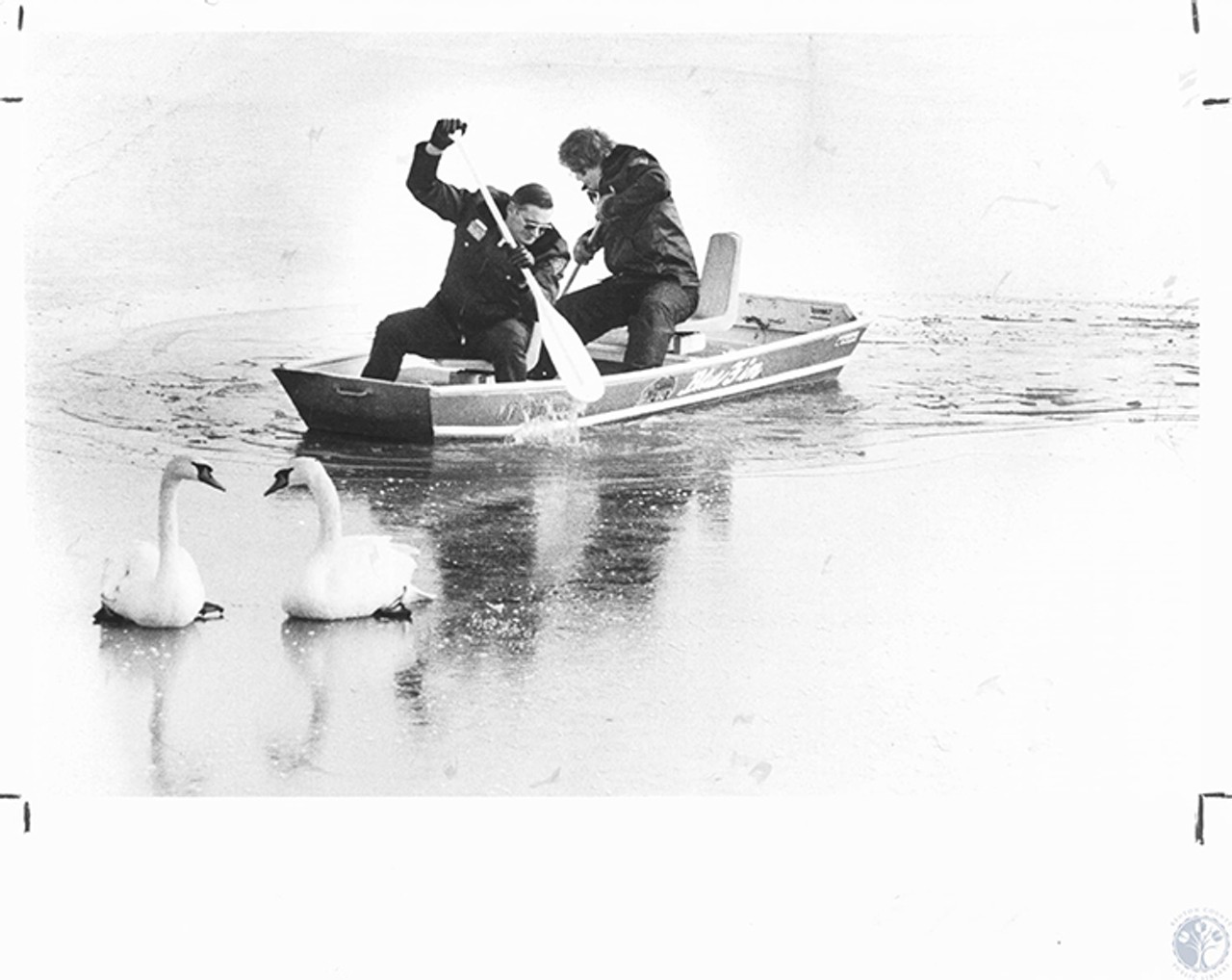 Florence
"Ron Bitter and Daryl Sears remove geese from ice in lake in front of Cindus Corp"