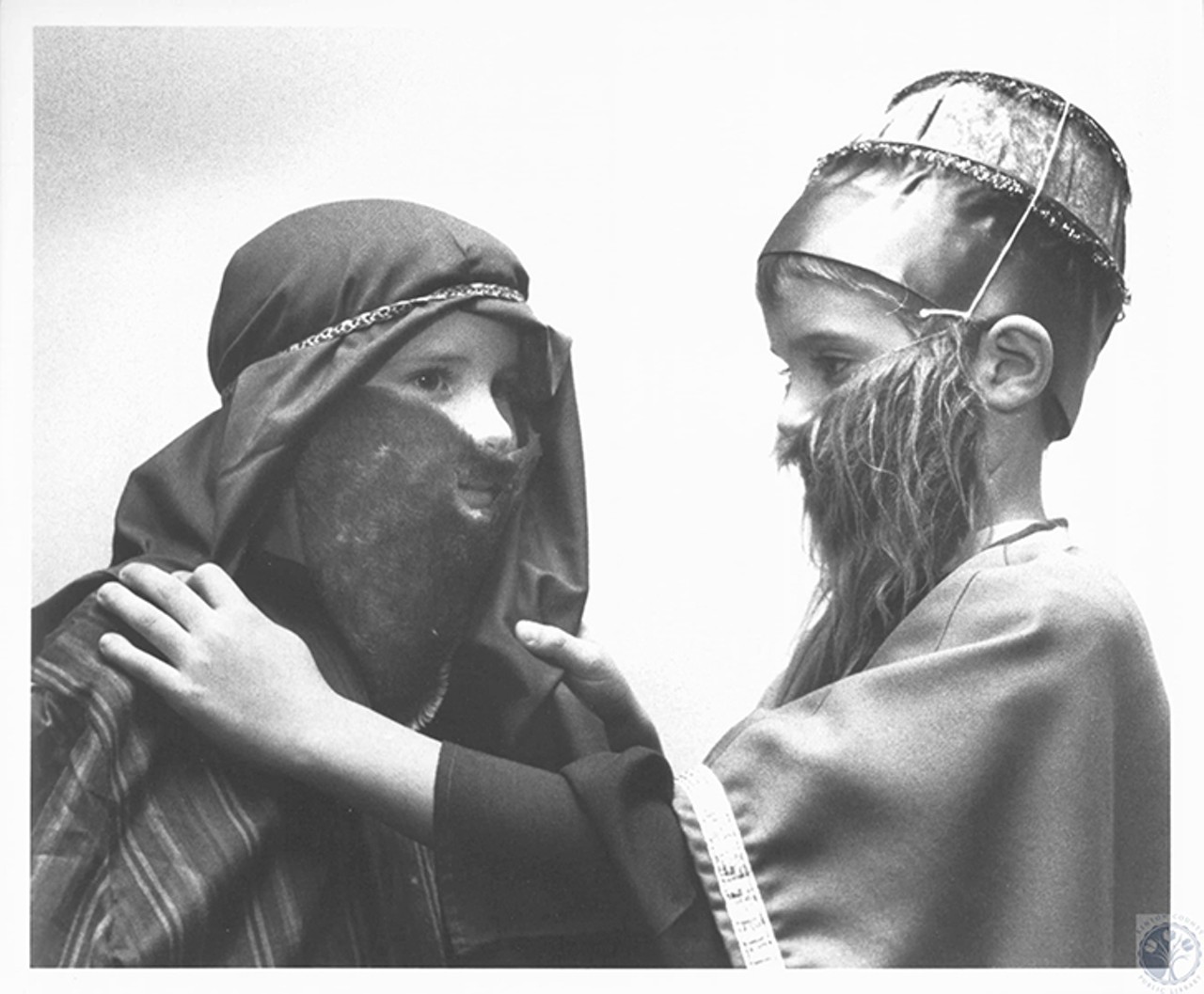 Florence,1991
"Aaron Adams (9) and Terry Snelling (8) check out each other's costumes before appearing in play at First Church of Christ"