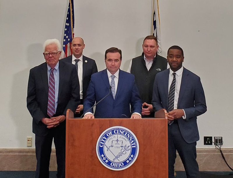 Mayor John Cranley, City Manager Patrick Duhaney and Cincinnati City Councilmembers Greg Landsman, David Mann and Chris Seelbach at a news conference announcing a state of emergency in Cincinnati over concerns about the spread of COVID-19. - Nick Swartsell