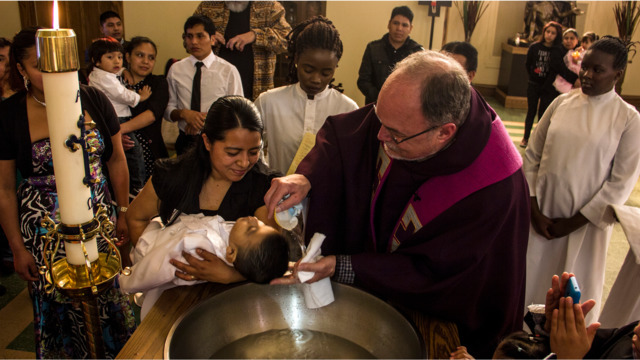 Father Jim Schutte baptizes the child of Guatemalan immigrants at St. Leo the Great Catholic Church in Cincinnati as congregants who are refugees from Burundi look on - Nick Swartsell