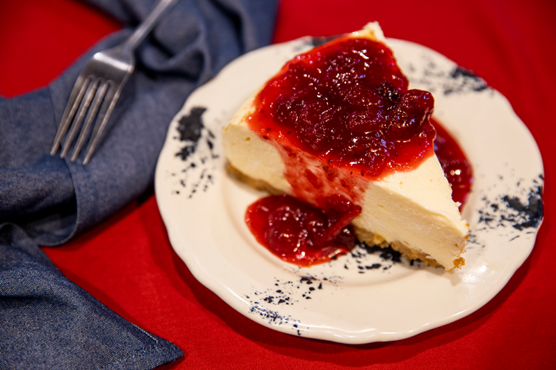 A close-up of the cranberry cheesecake with biscuit crust - Photo: Hailey Bollinger