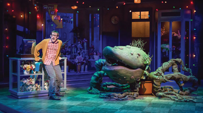 Nick Cearley as Seymour, with Audrey II carnivorous plant - Photo: Mikki Schaffner Photography