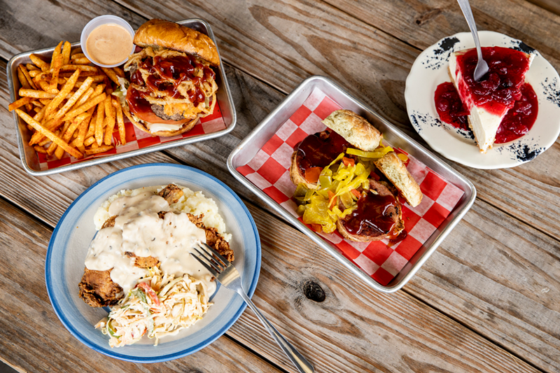 Clockwise from bottom left: The Rev's Fried Chicken, Cowboy Bill Watt's Burger, baloney sliders and cranberry cheesecake - Photo: Hailey Bollinger