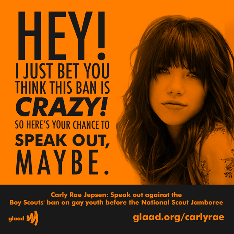 A message from GLAAD, before Carly Rae Jespen dropped out of Boy Scouts concert