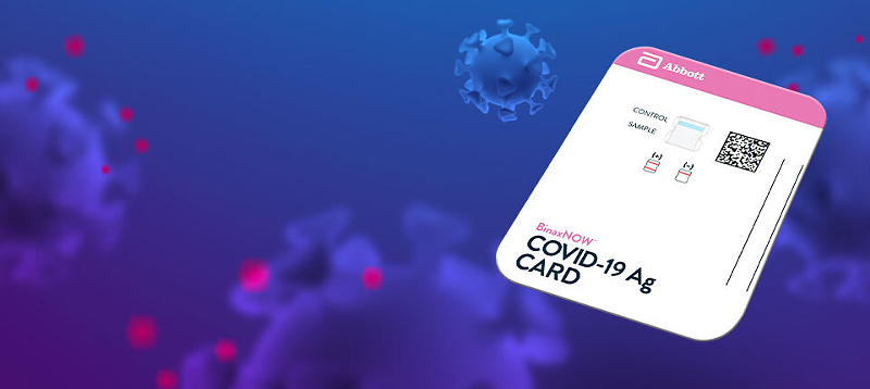 BinaxNOW™ COVID-19 Ag Card rapid antigen test. This antigen test by Abbott Laboratories requires only a test card, a swab sample and a few drops of a reaction solution to return a COVID-19 diagnosis in 15 minutes. - PHOTO: ABBOTT LABORATORIES