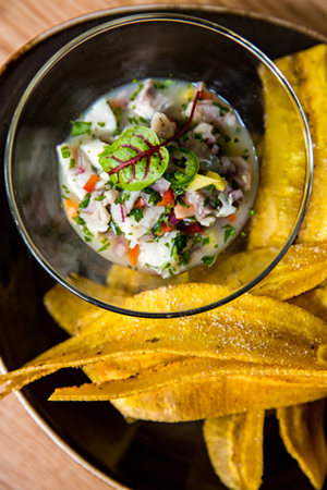 Ceviche and mariquitas, or plantain chips - PHOTO: HAILEY BOLLINGER