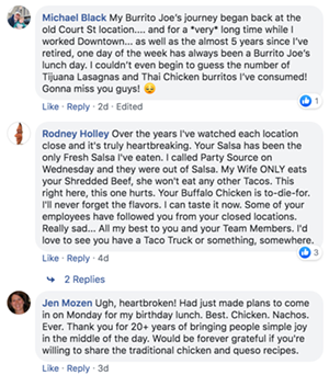 Comments from loyal fans of Burrito Joe's - Photo: Facebook screen grab