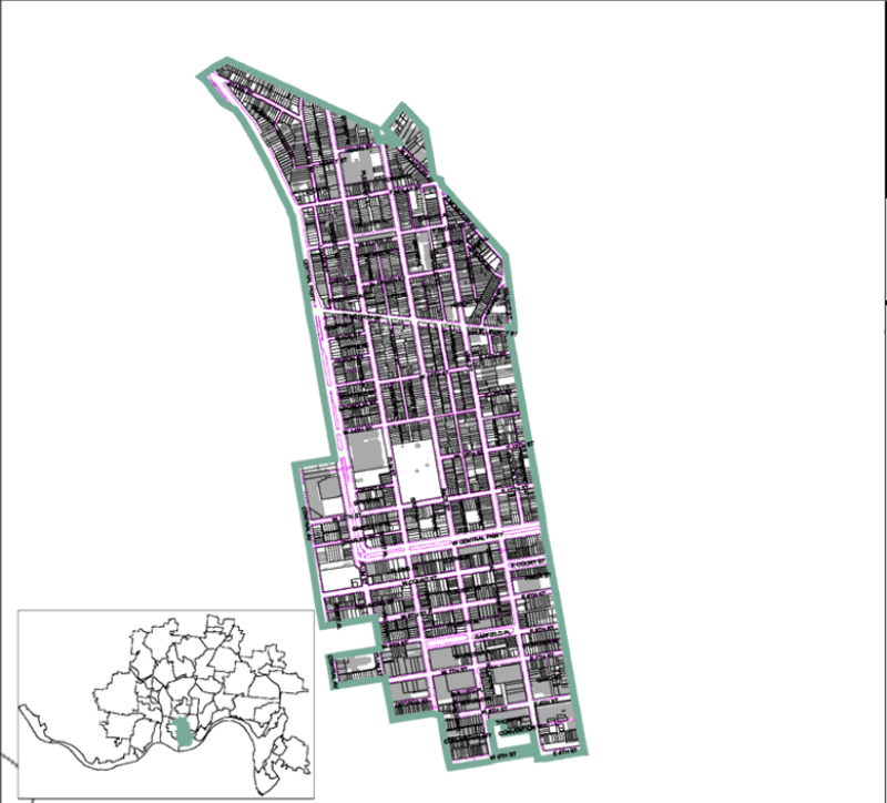 A map of the Downtown/OTR West TIF district - City of Cincinnati