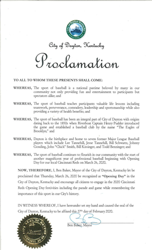 Mayor of Dayton, Kentucky Declares Reds Opening Day an Official City Holiday