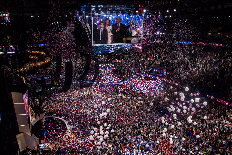 Presidential and vice presidential nominees Donald Trump and Mike Pence with their families at the closing night of the 2016 Republican National Convention. - Nick Swartsell