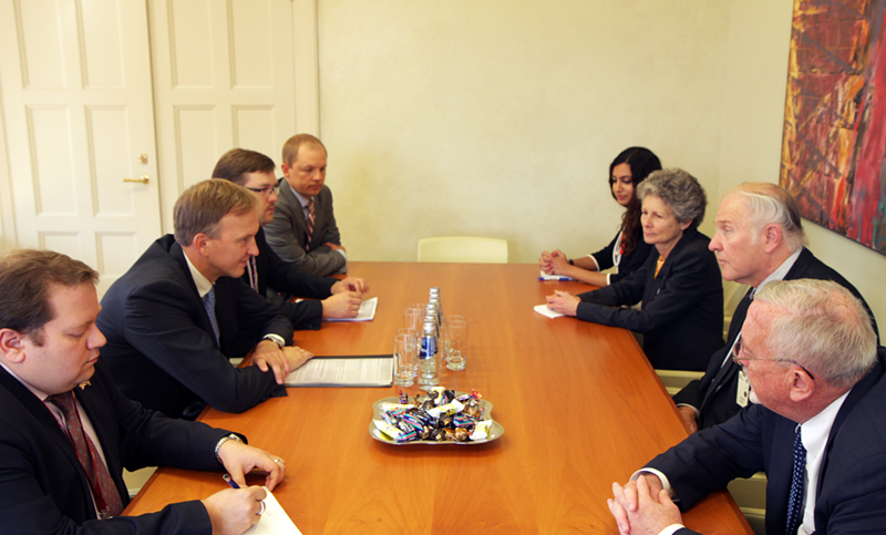 Chabot, second from right, draws a stern glare from Latvian foreign affairs minister Andrejs Pildegovičs during an August 2015 visit to Riga. - Photo: Provided