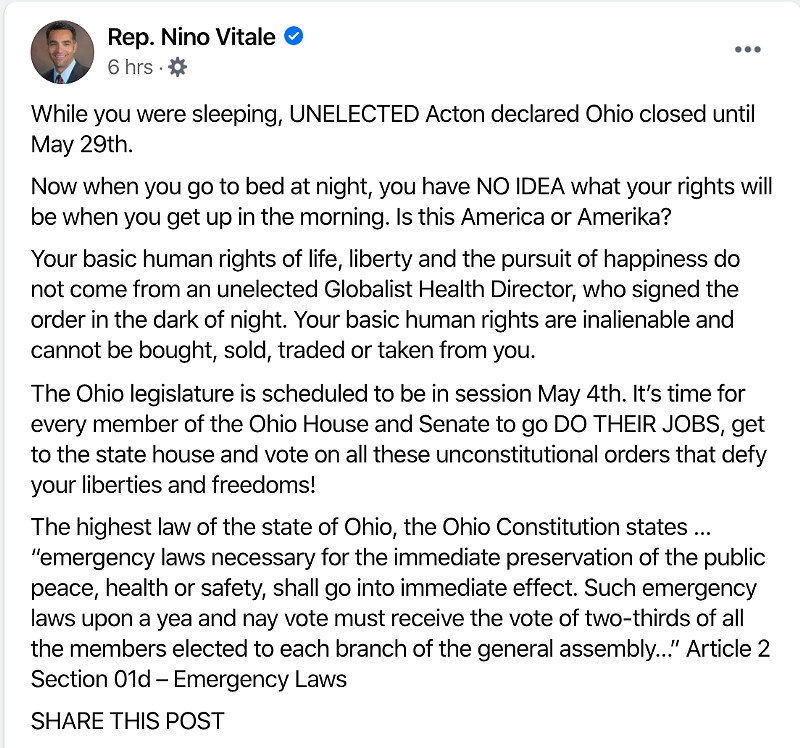 Ohio State Rep. Nino Vitale Calls Dr. Amy Acton a Globalist — an Anti-Semitic Epithet