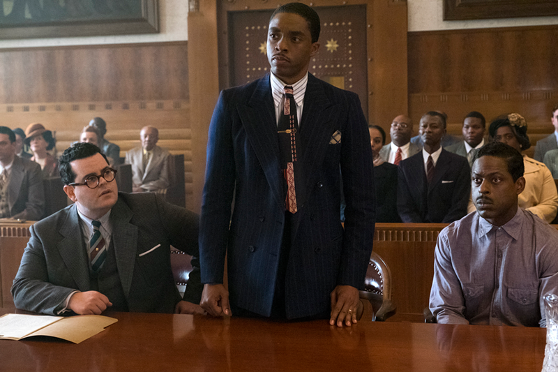 L-R: Josh Gad, Chadwick Boseman and Sterling K. Brown in Marshall. - Photo: Barry Wetcher
