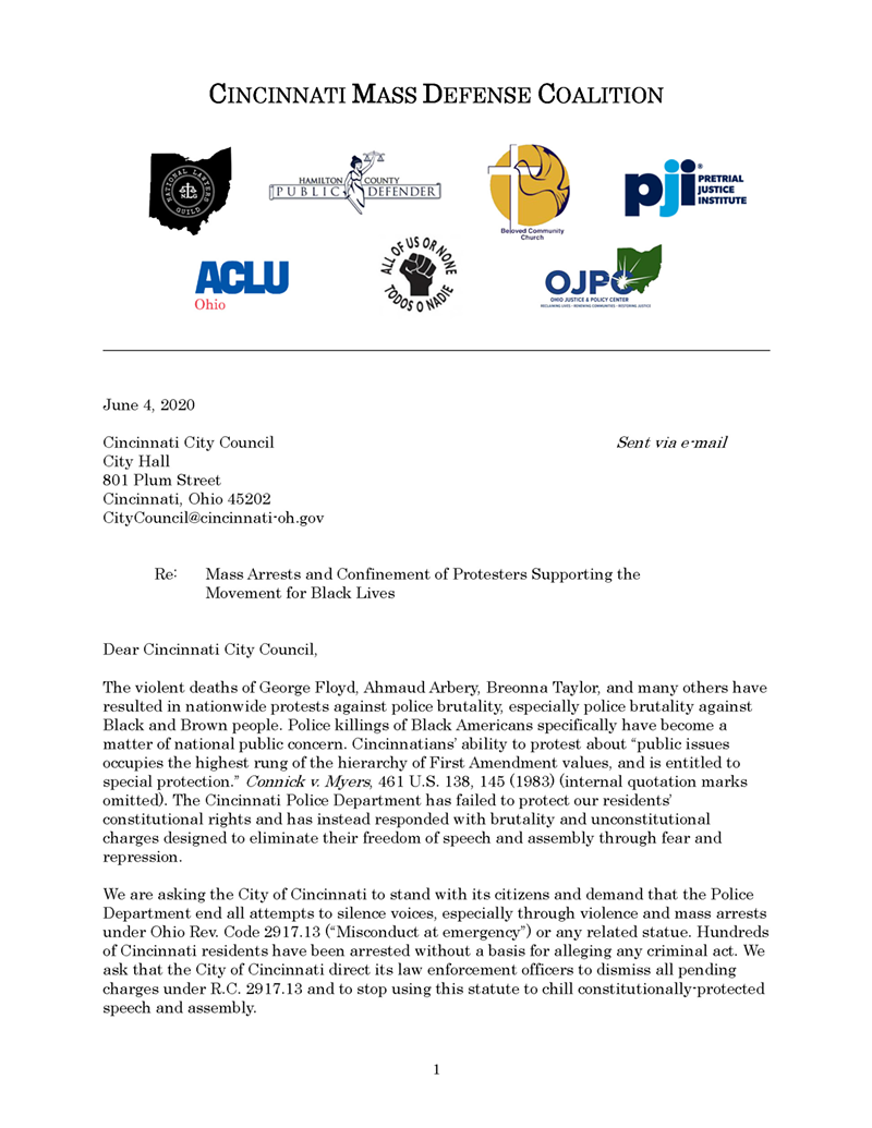 Cincinnati Mass Defense Coalition Sends Letter to City Council Regarding Mass Arrests and Confinement of Protesters