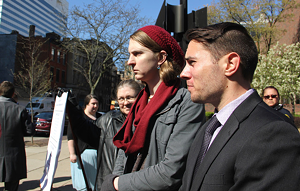 Rachel Dovel (middle) at an April 12, 2016 news conference outside the Public Library of Cincinnati and Hamilton County