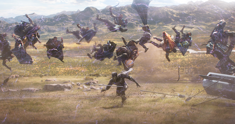 Chadwick Boseman (foreground) in a battle scene - PHOTO: Marvel Studios
