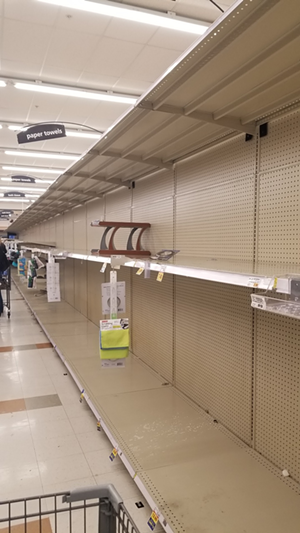 Our Arts & Culture Editor tried to find toilet paper at Kroger in Hyde Park yesterday; there wasn't any. - Photo: Mackenzie Manley