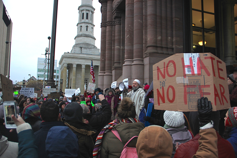 A rally outside City Hall after Cincinnati officials declared the city a sanctuary city. - Nick Swartsell