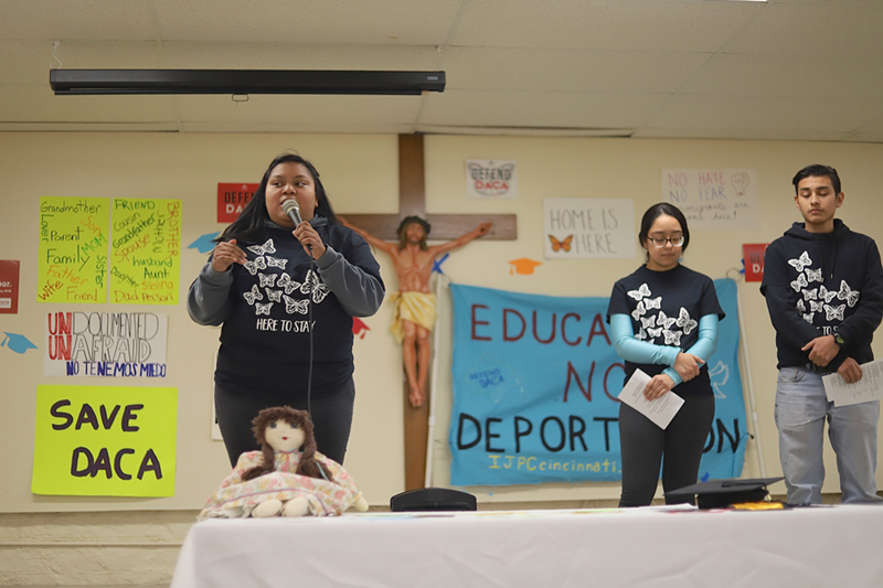 Local activist Sandra Ramirez (left) speaks at a rally supporting DACA in East Price Hill. - Nick Swartsell