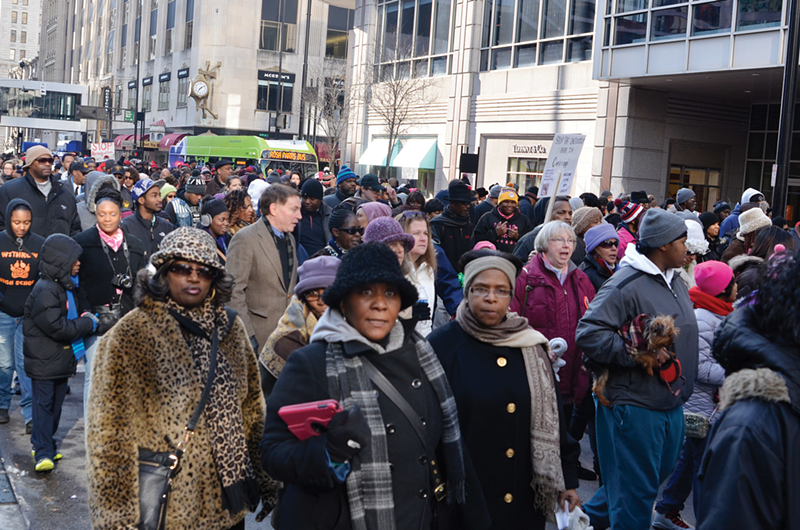 Anti-gentrification activists joined hundreds in Cincinnati’s Martin Luther King Jr. Day march downtown.