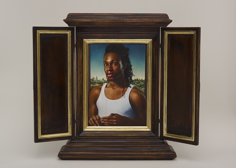 "After Memling’s Portrait of a Man in a Red Hat" by Kehinde Wiley