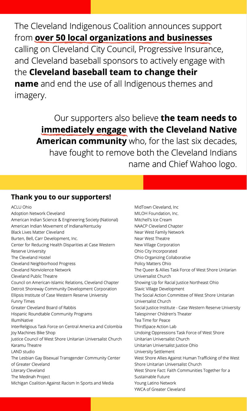 50+ Organizations Ask Cleveland Indians to Change Name, Engage Native American Community