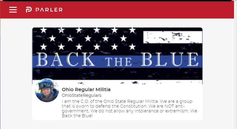 Screenshot of Parler account, accessed via an internet archive because the host site has been de-platformed, operated by the commanding officer of the “Ohio State Regular Militia.” - Photo: Parler