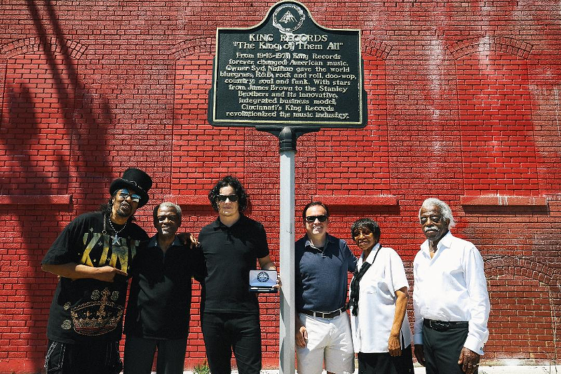 L to R: King artists Bootsy Collins and Otis Williams with Jack White, Mayor John Cranley, Evanston Council President Anzora Adkins and fellow King musician Philip Paul at the original Evanston building. - Photo: Courtesy of Third Man Records and David Swanson
