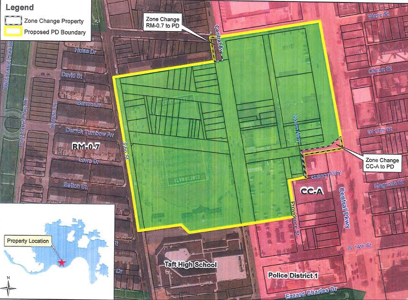 A diagram of FC Cincinnati's requested zoning and right-of-way changes - City of Cincinnati
